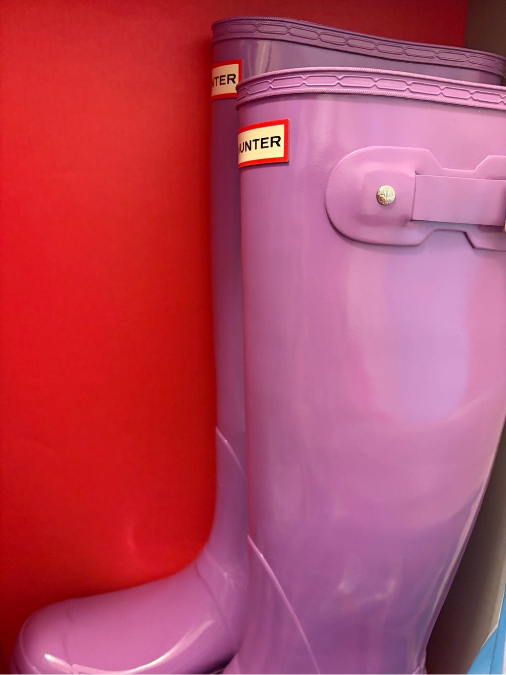 Womens glossy lilac purple tall hunter rain boots